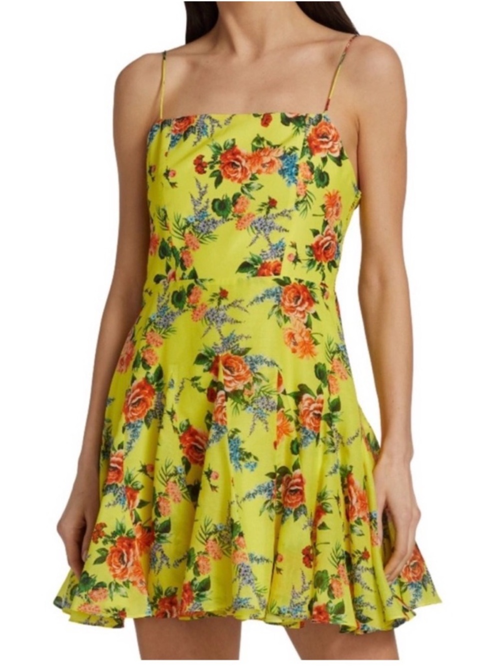 Alice + Olivia Yellow Floral Spaghetti-Strap Mini Dress